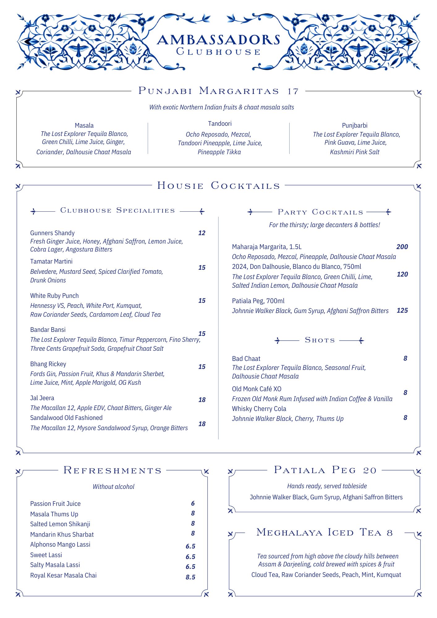 Ambassadors Drinks List Menu