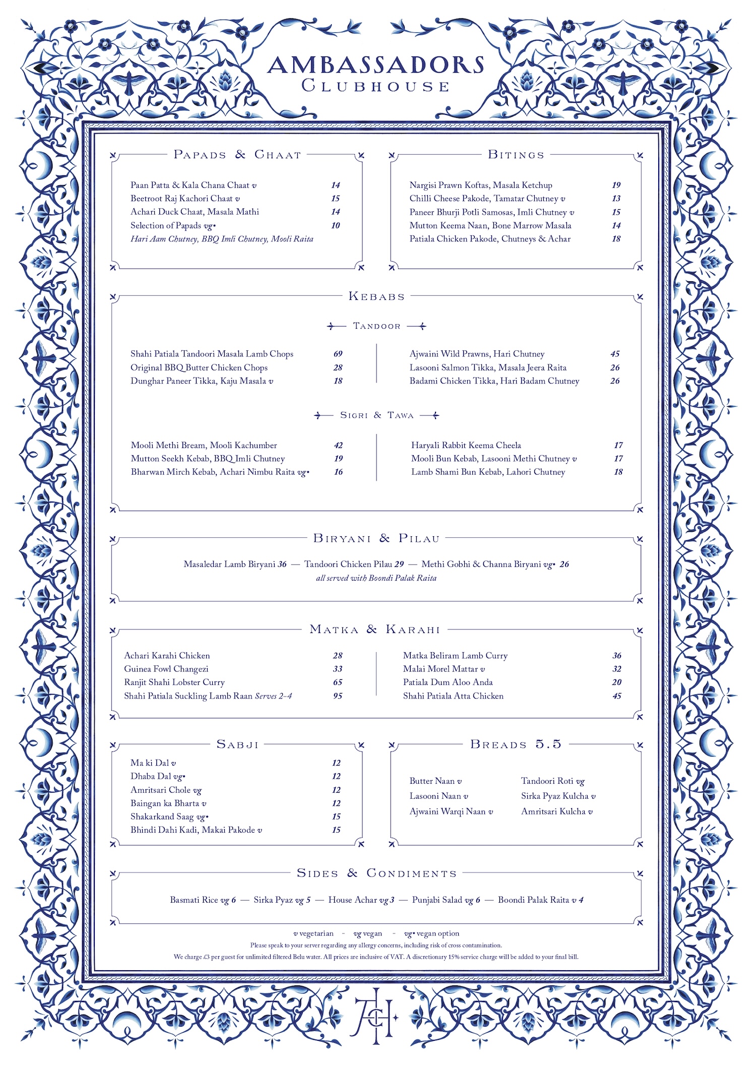 Ambassadors A La Carte Menu