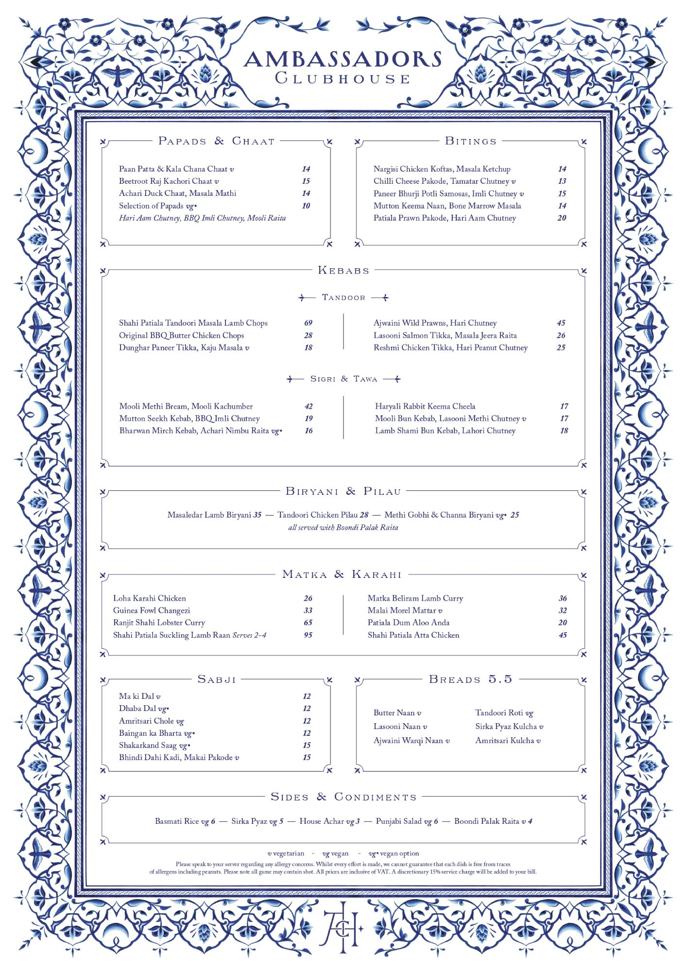 Ambassadors A La Carte Menu