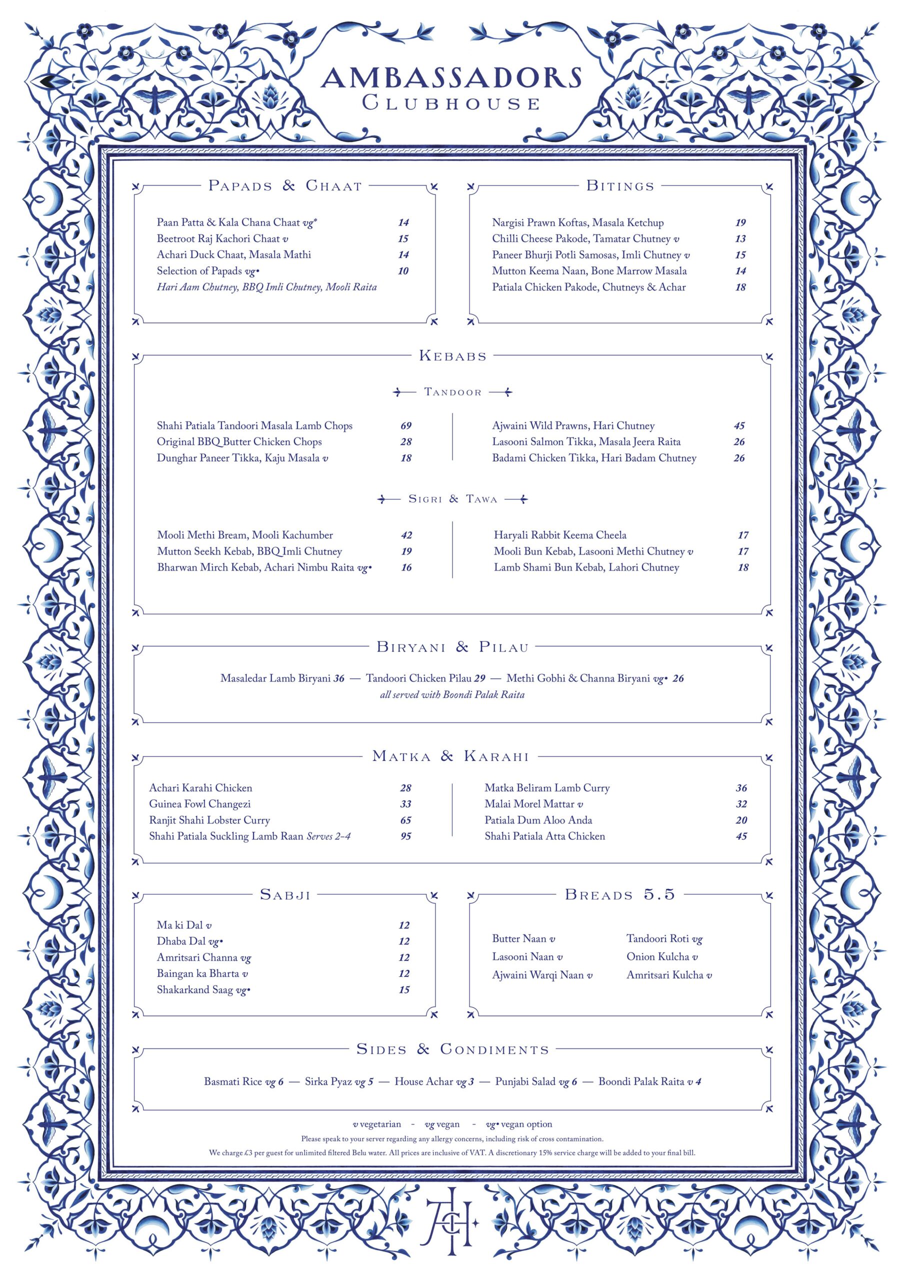 Ambassadors A La Carte Menu