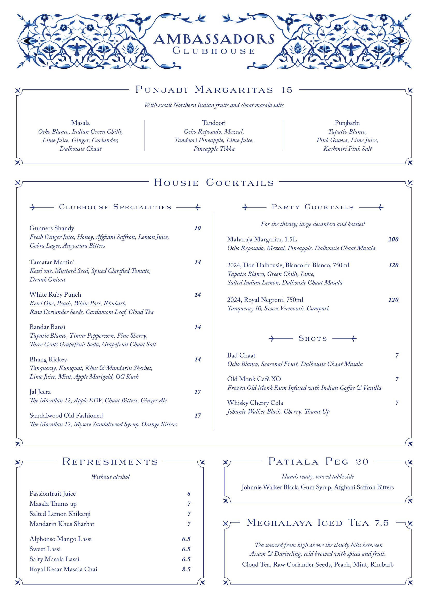 Ambassadors Drinks List Menu