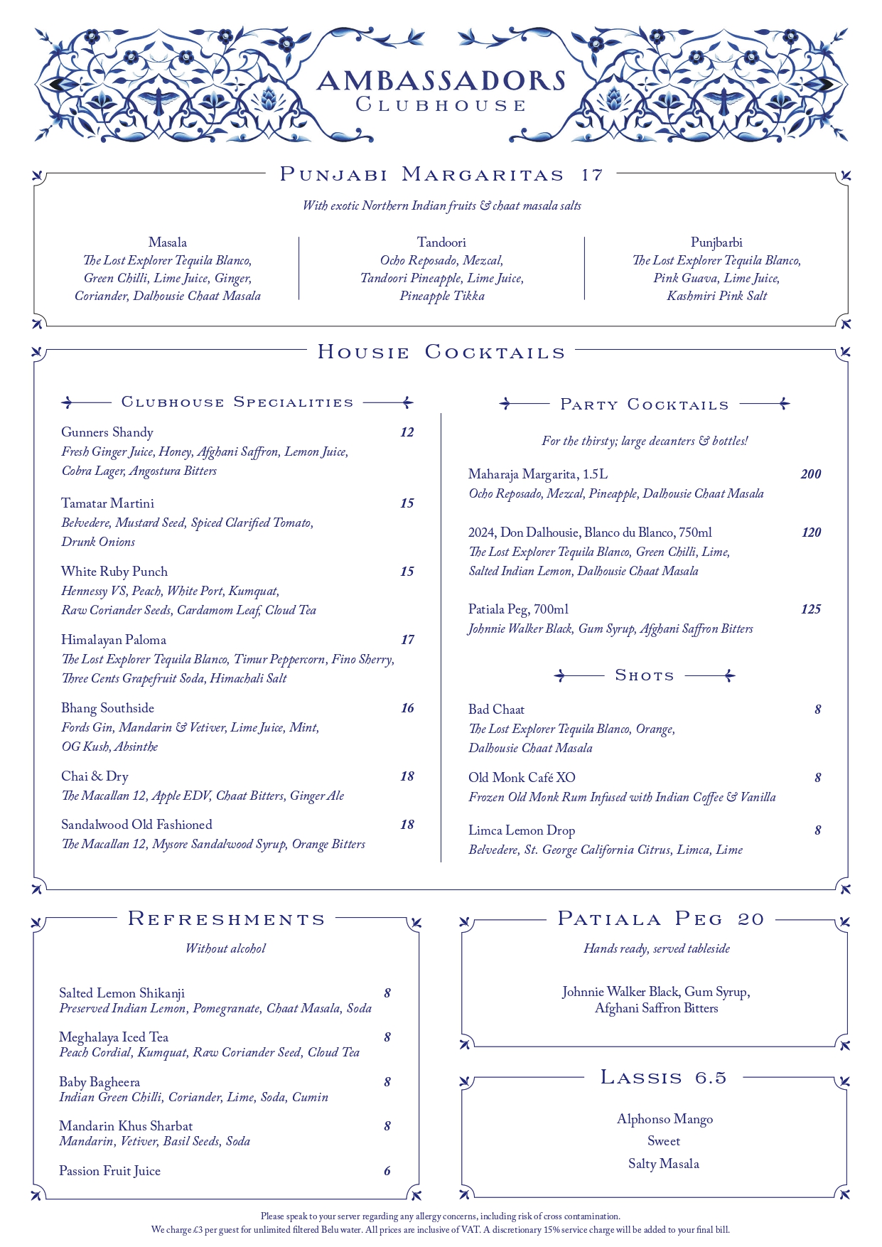 Ambassadors Drinks List Menu