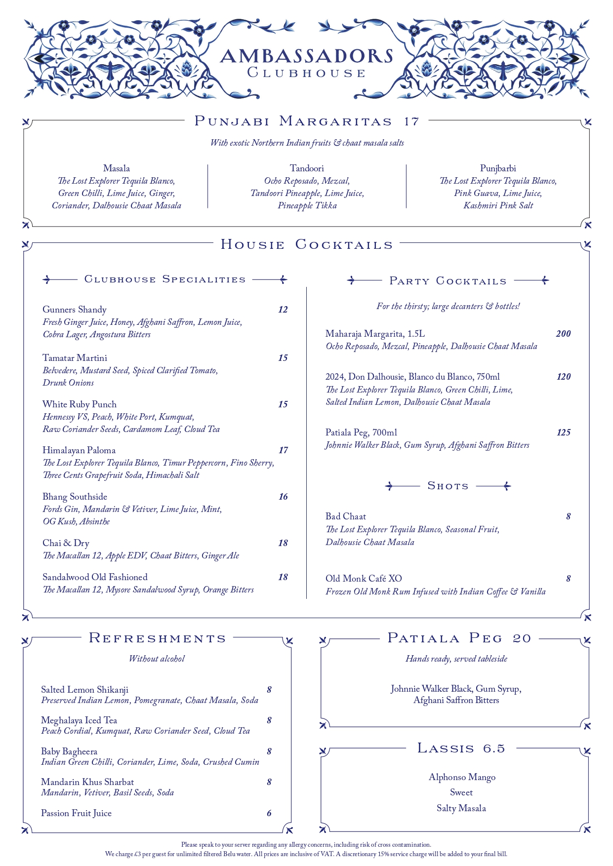 Ambassadors Drinks List Menu