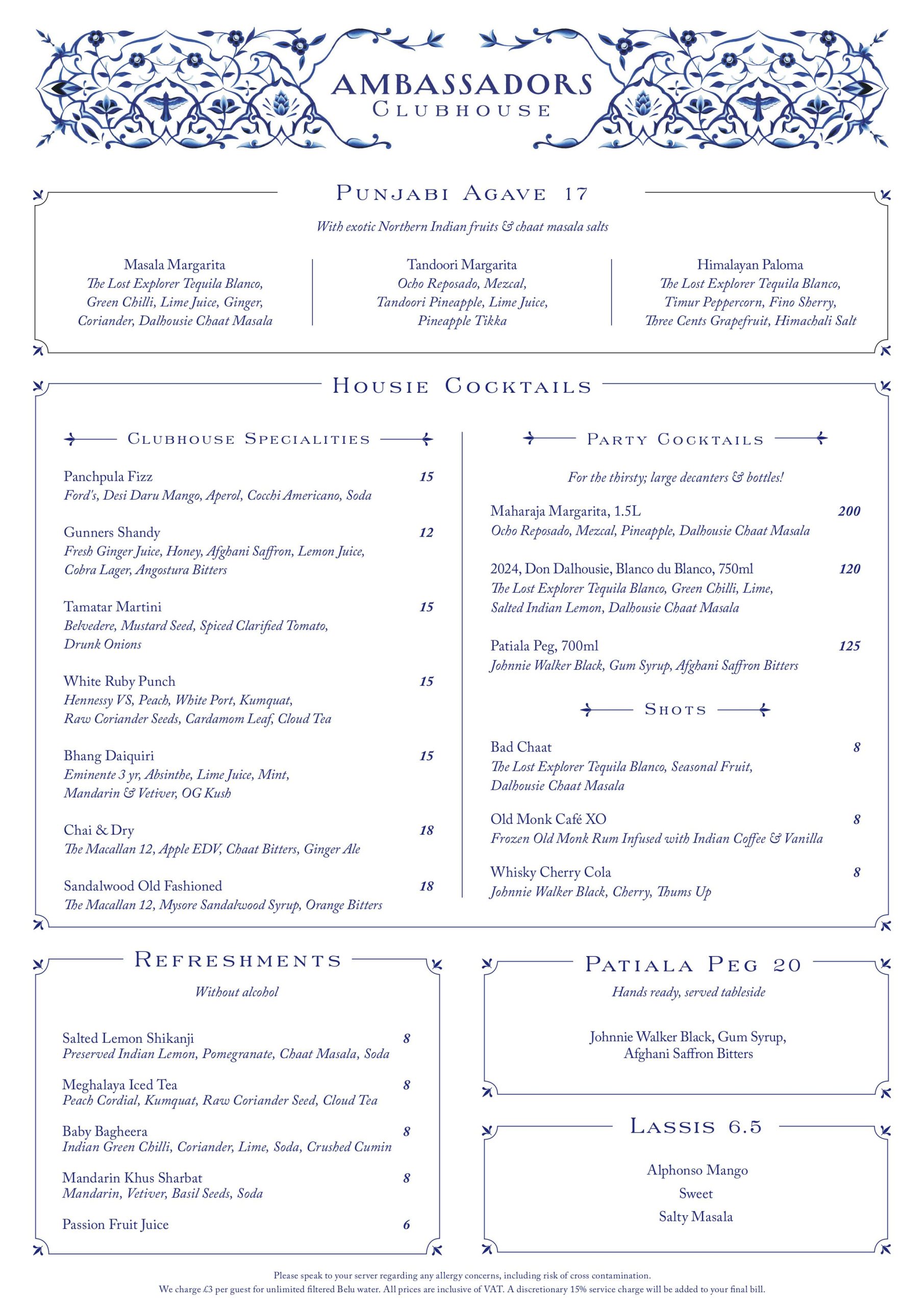 Ambassadors Drinks List Menu