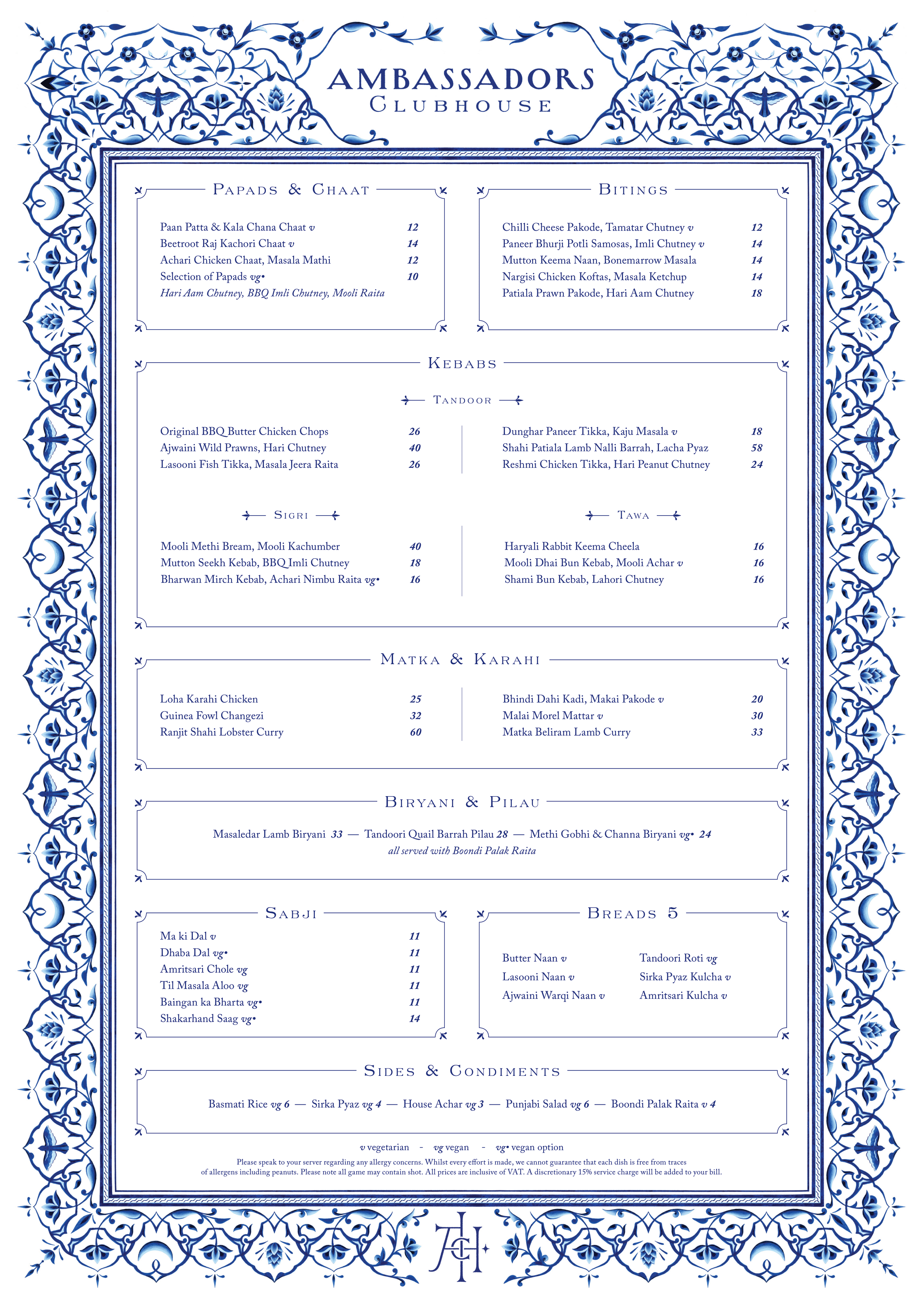 Ambassadors A La Carte Menu