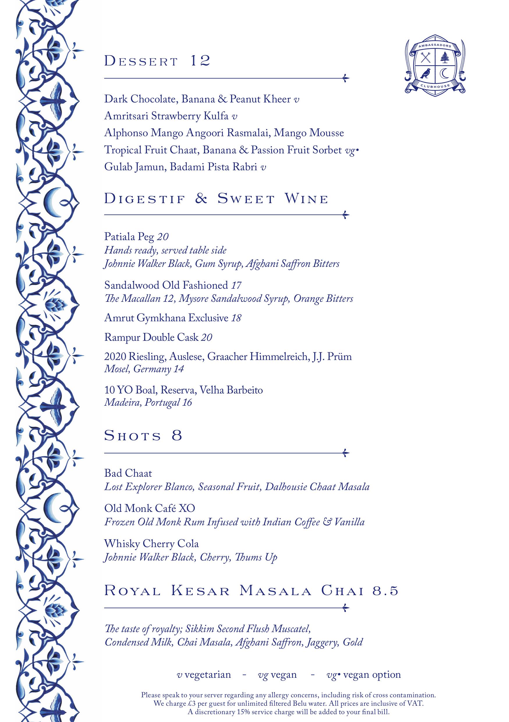 Ambassadors Dessert Menu