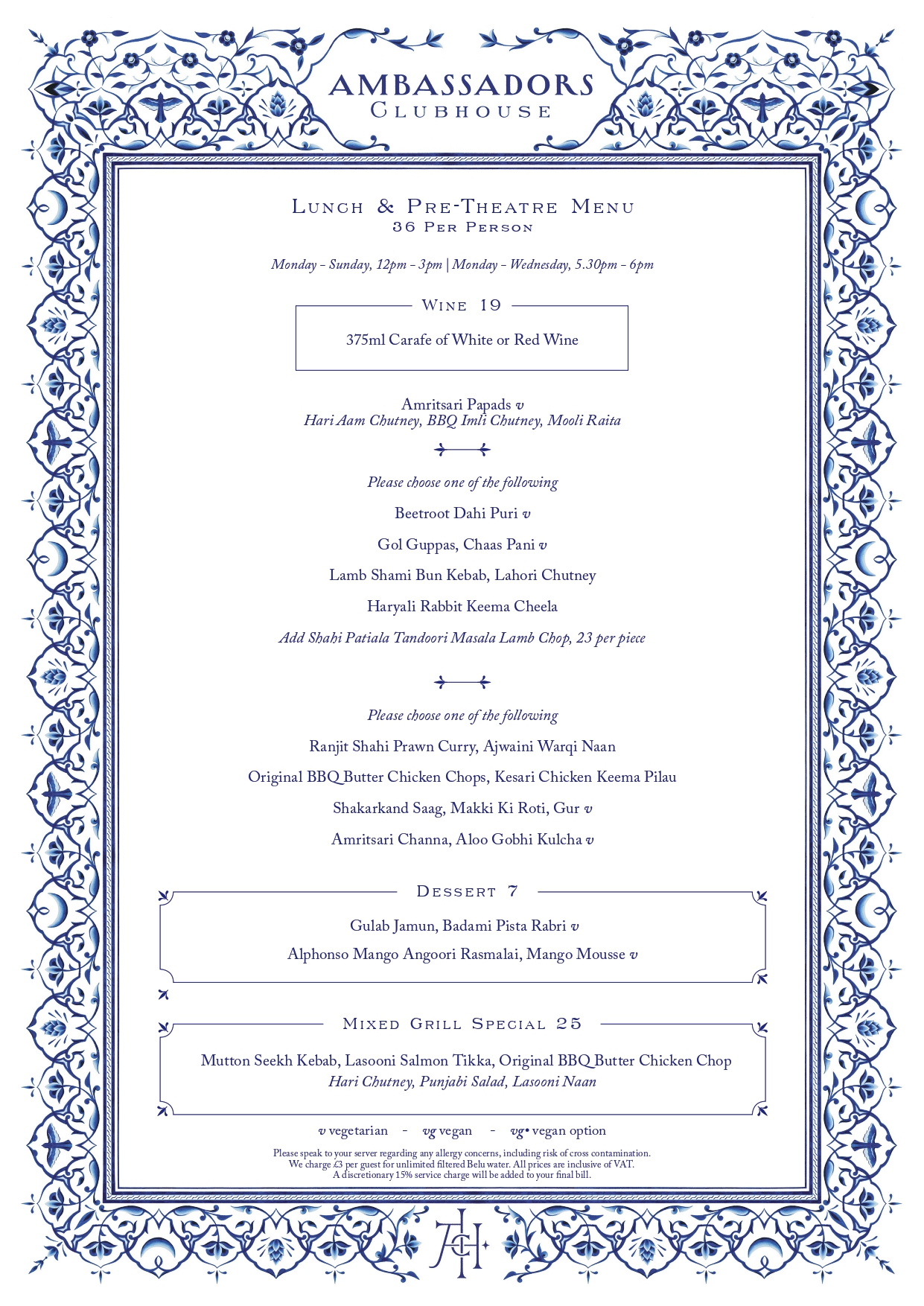 Ambassadors Lunch & Pre-Theatre Menu