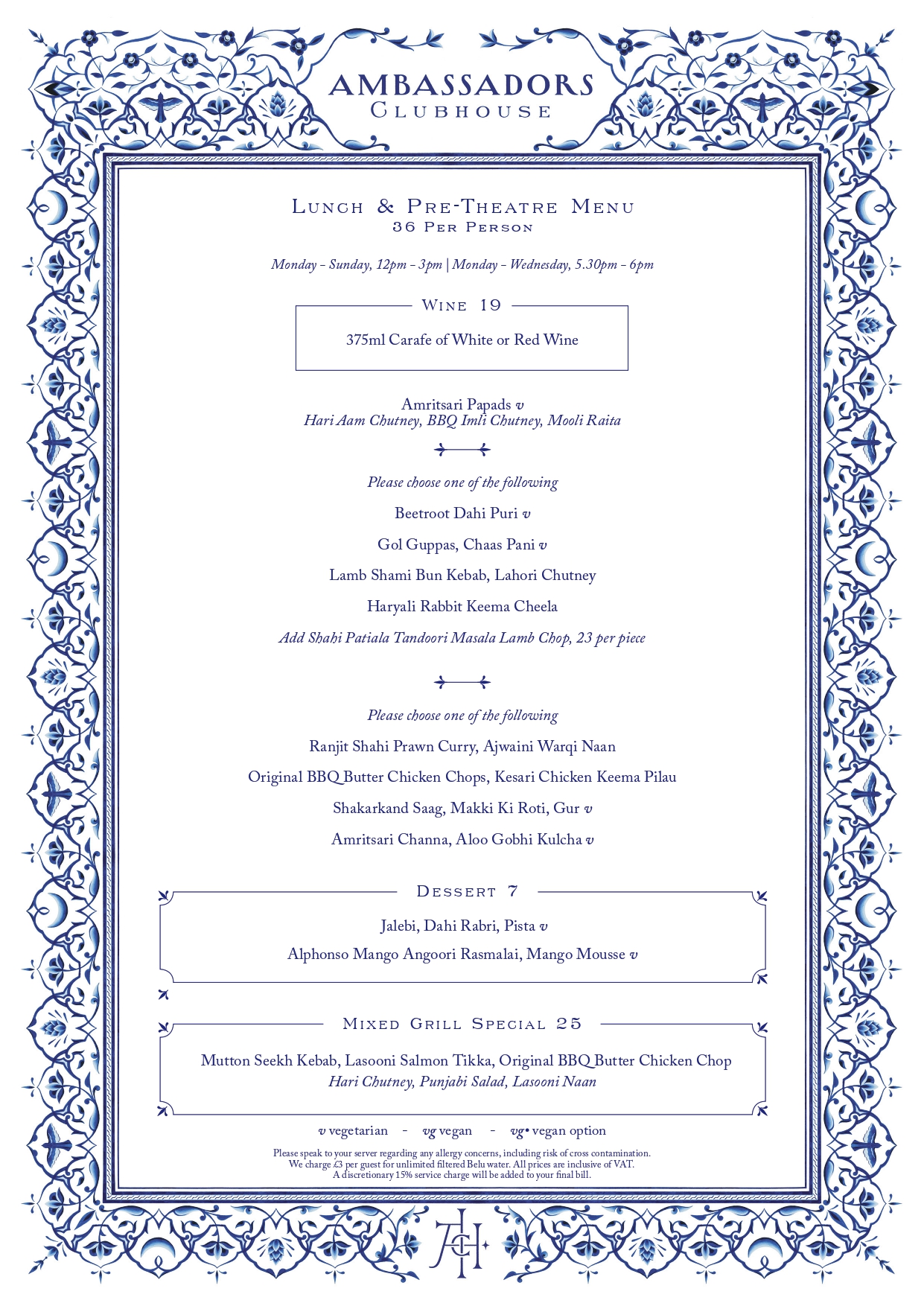 Ambassadors Lunch & Pre-Theatre Menu