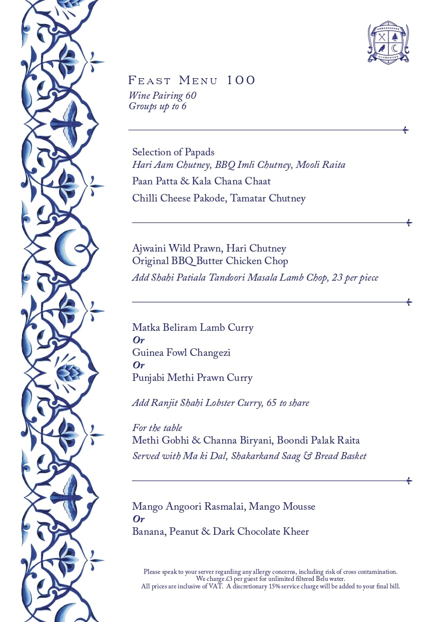 Ambassadors Feast Menu Menu