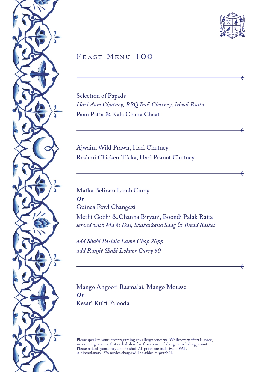 Ambassadors Feast Menus Menu