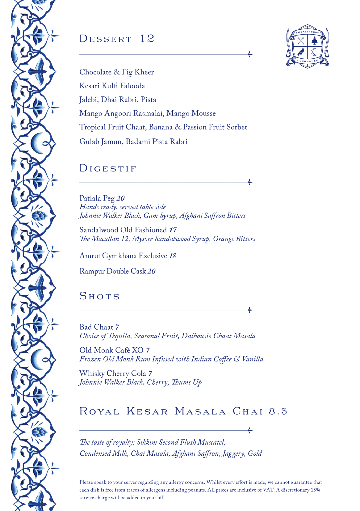 Ambassadors Dessert Menu