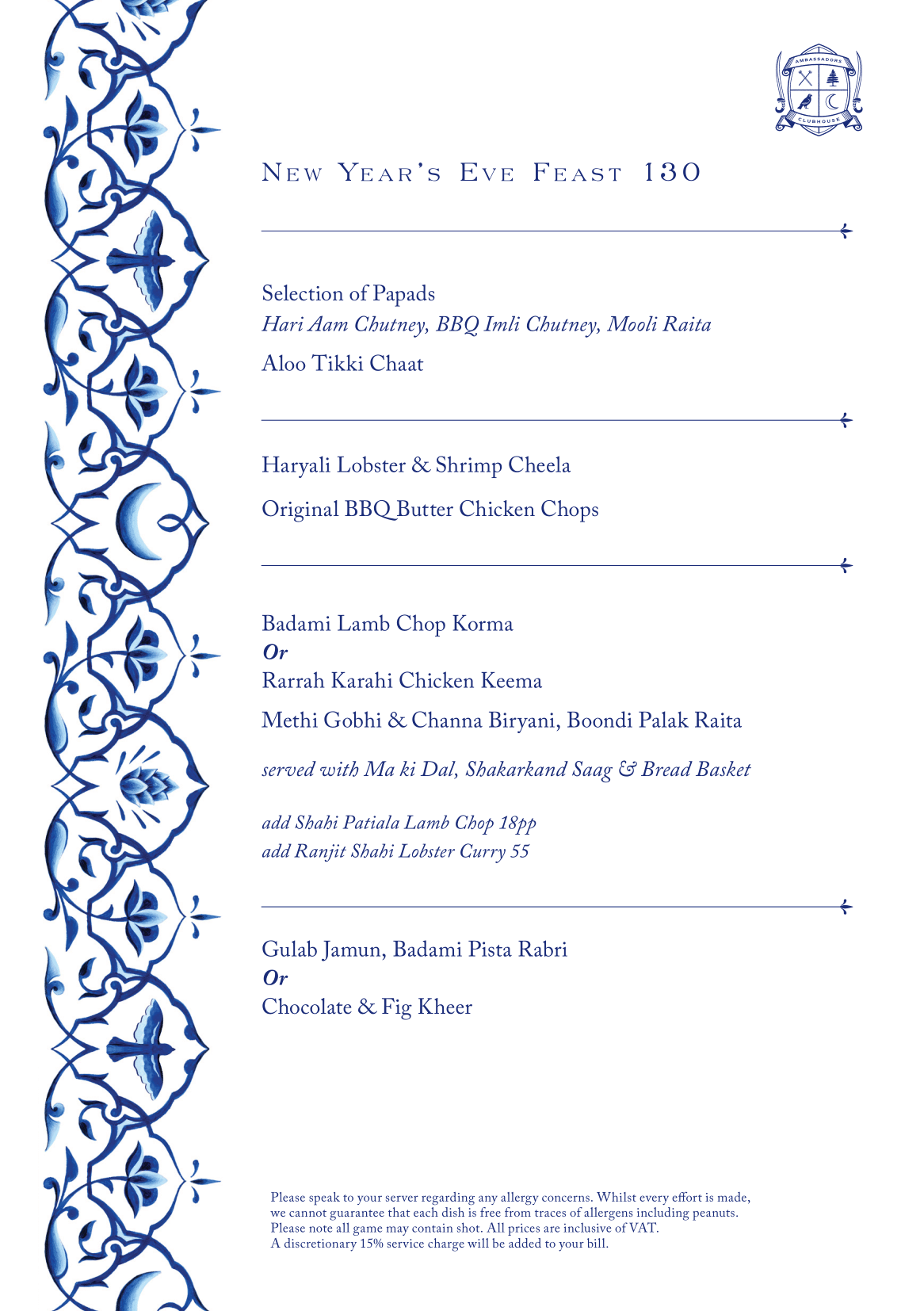 Ambassadors New Year's Eve Feast Menu