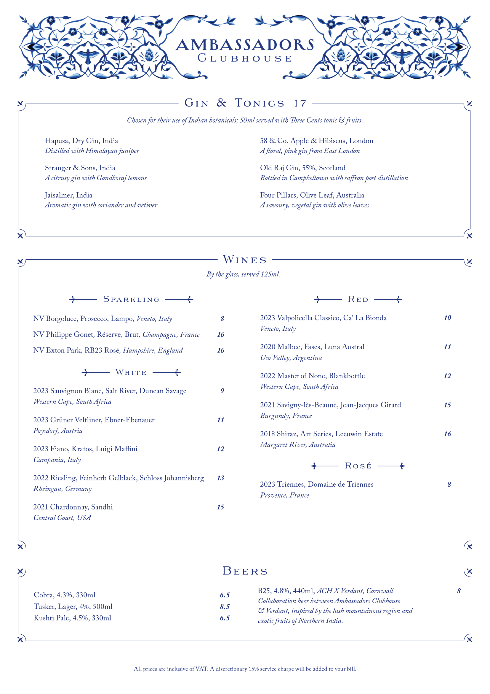 Ambassadors Drinks List Menu