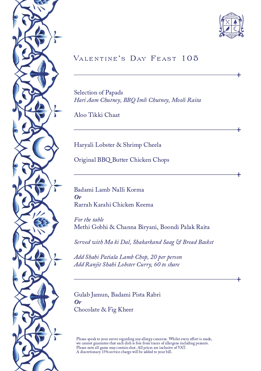 Ambassadors Valentine's Day Menu