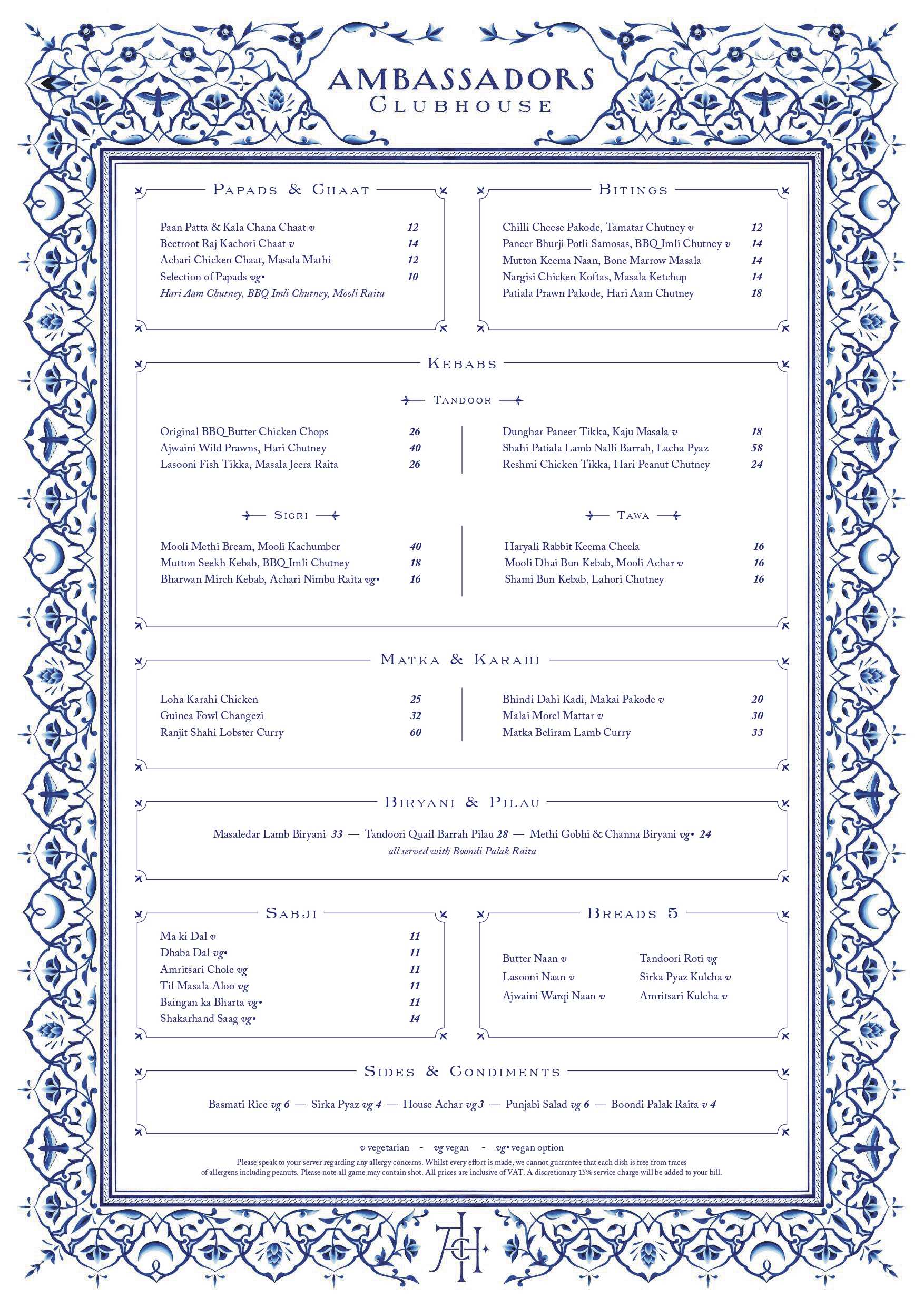 Ambassadors A La Carte Menu