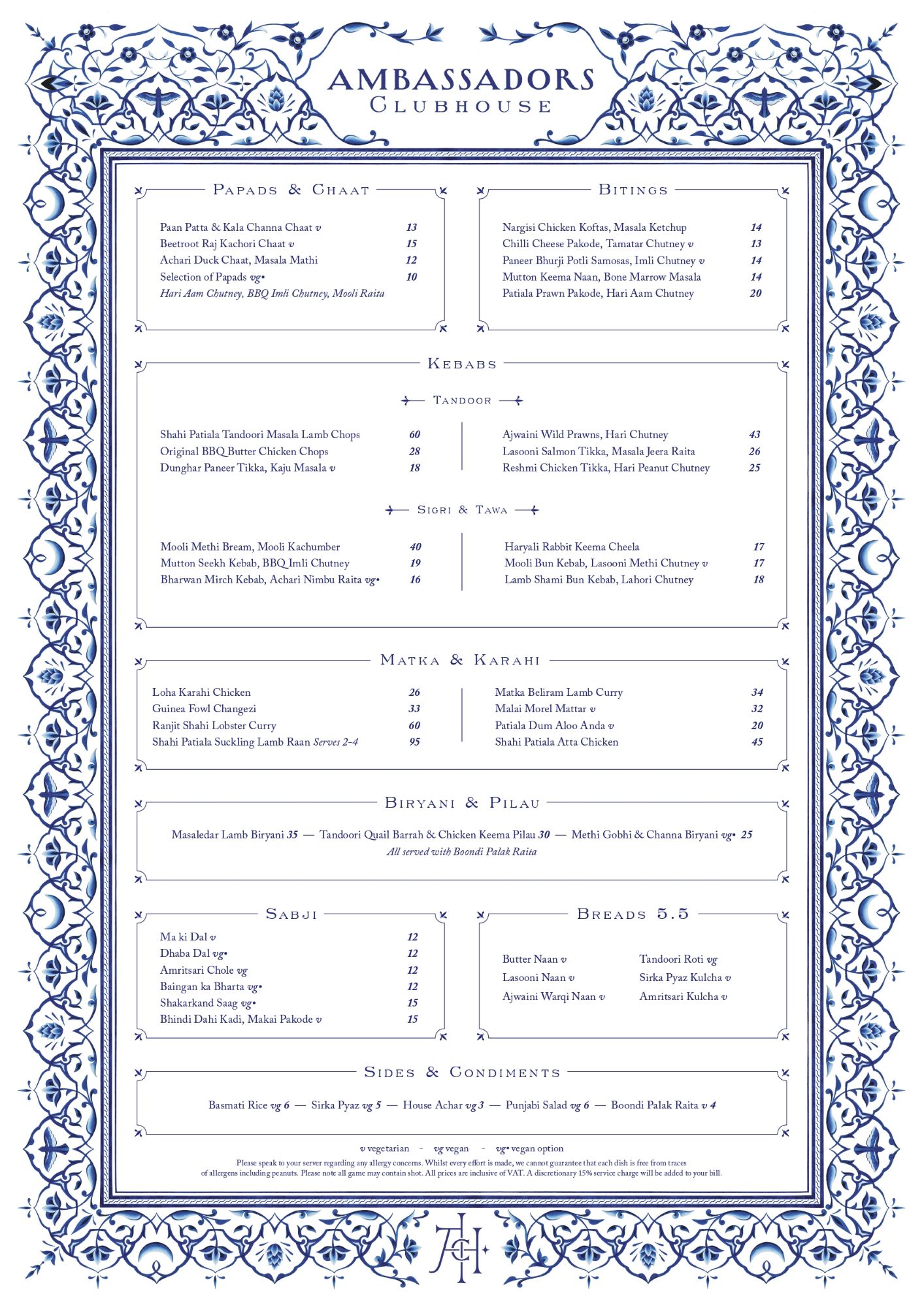 Ambassadors A La Carte Menu