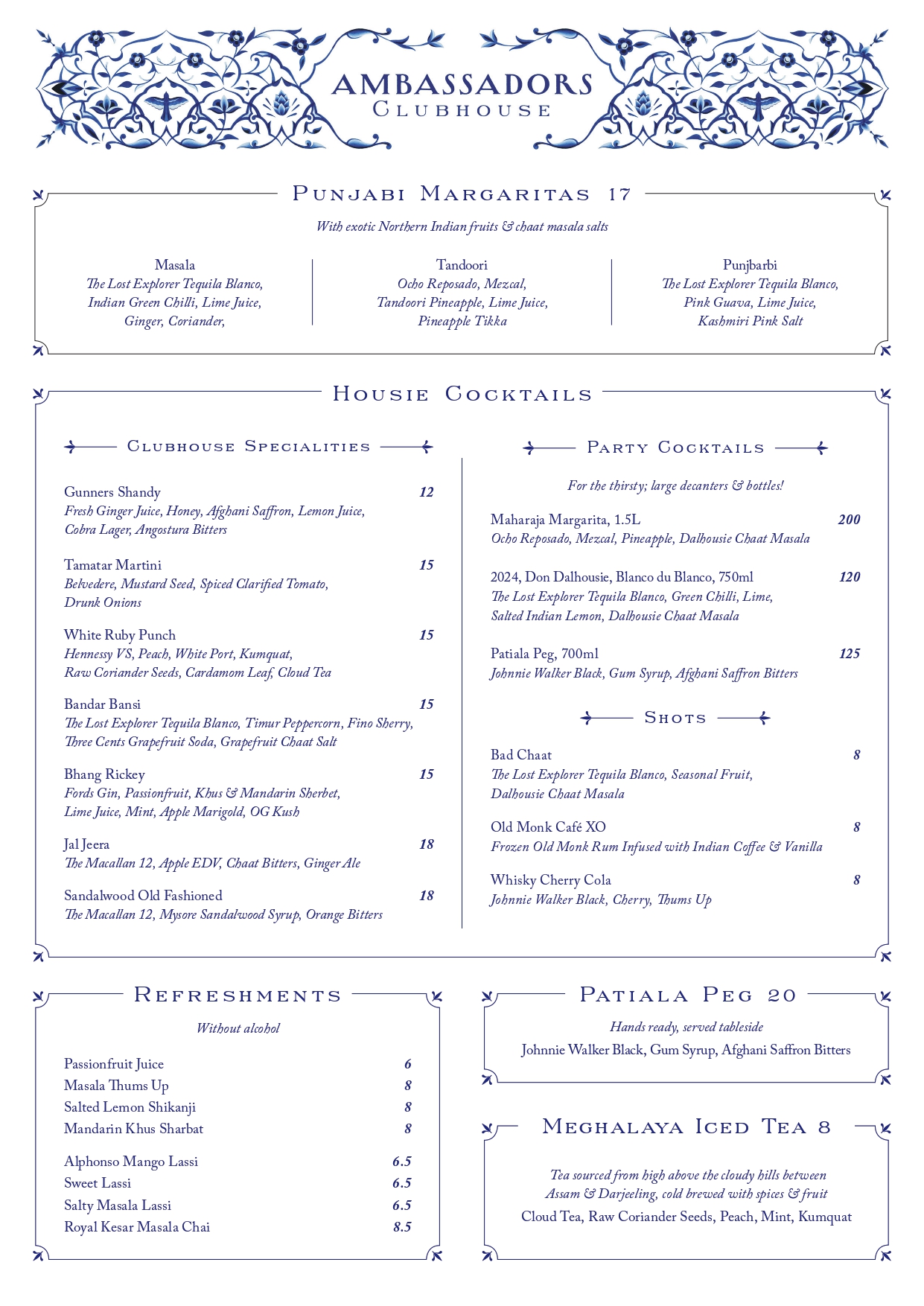 Ambassadors Drinks List Menu