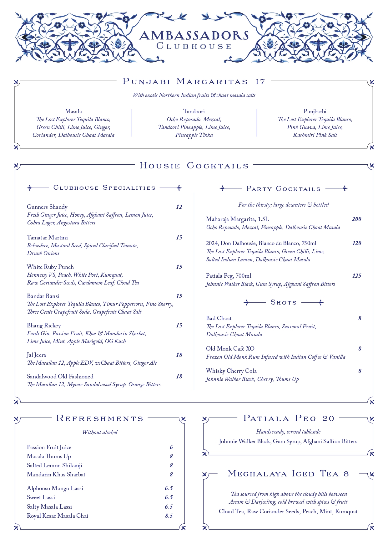 Ambassadors Drinks List Menu